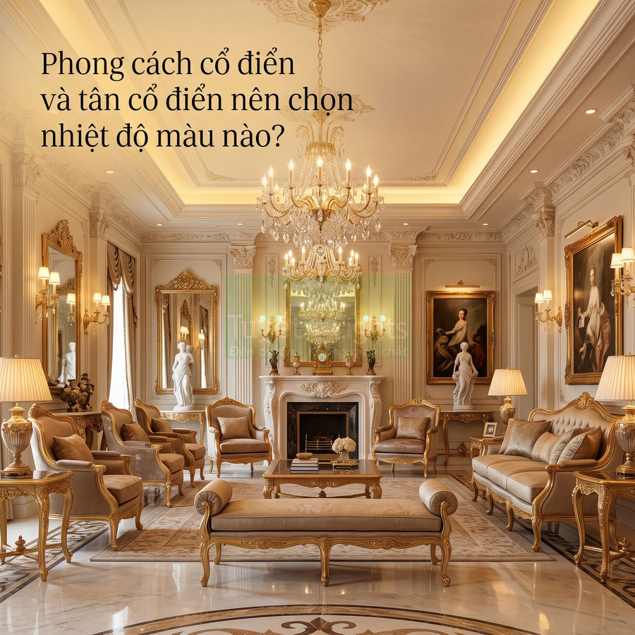 Phòng khách phong cách cổ điển với bộ sofa tân cổ điển màu kem viền vàng và đèn chùm pha lê sang trọng